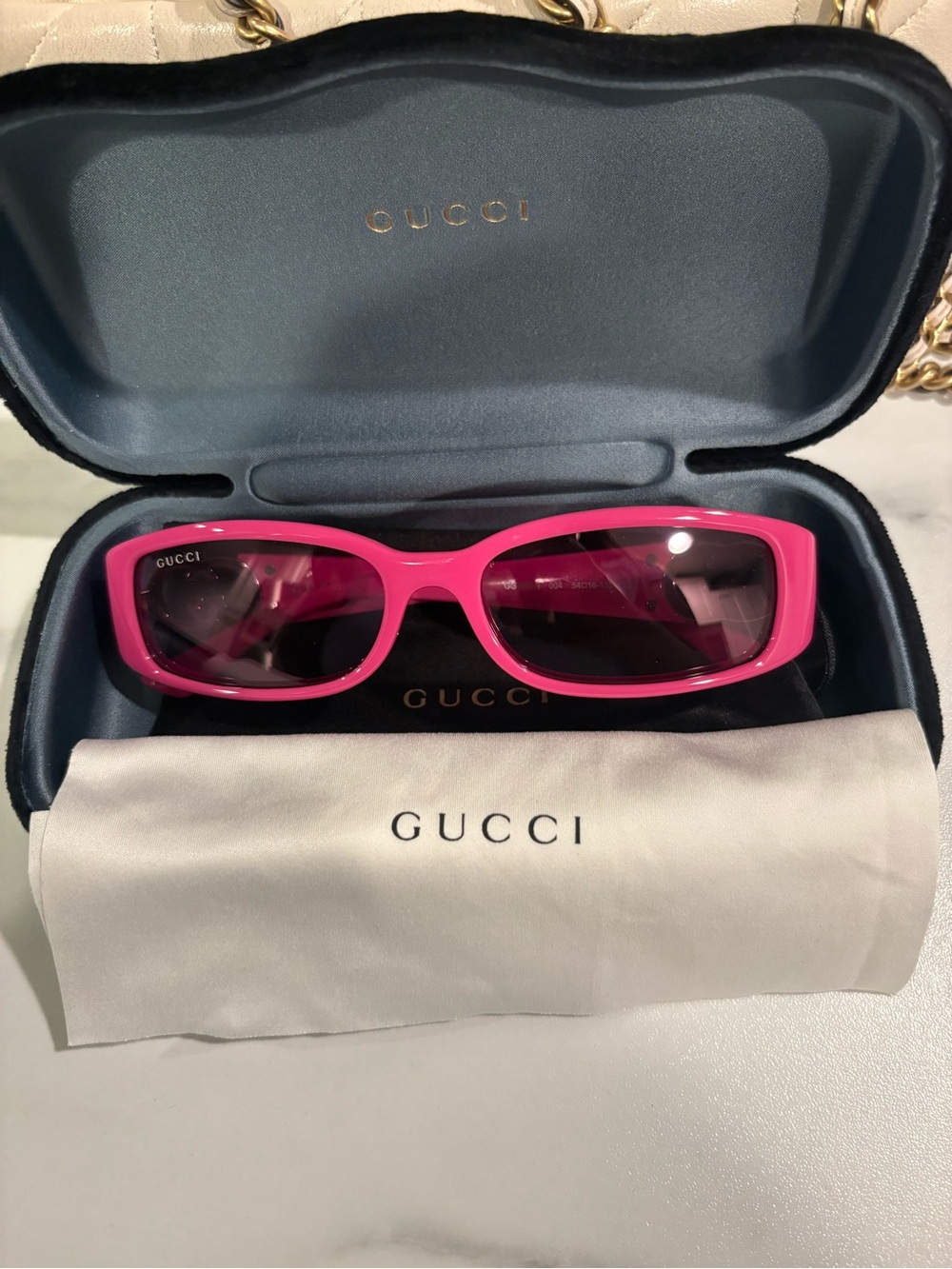 Gucci Pink Rectangular Sunglasses with Dark Lenses
